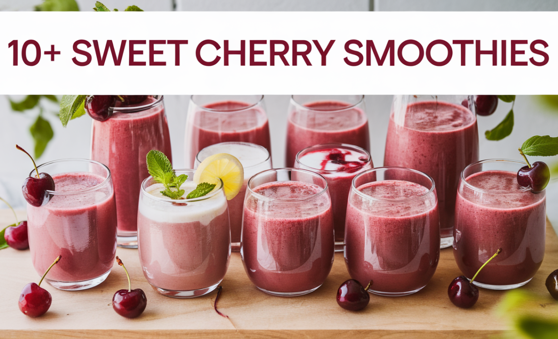 A vibrant cherry smoothie in a glass, topped with fresh cherries and a straw, surrounded by scattered cherries and a blender in the background.