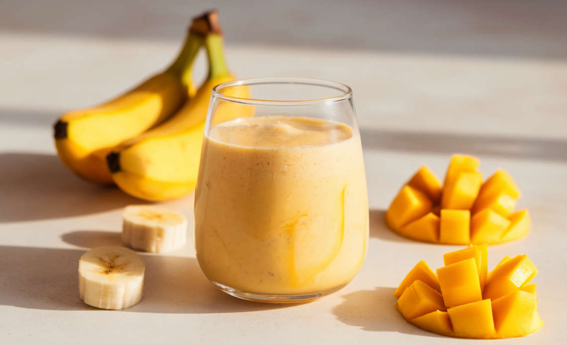 A creamy banana mango smoothie in a glass, garnished with fresh mango chunks and a banana slice, served with a straw.