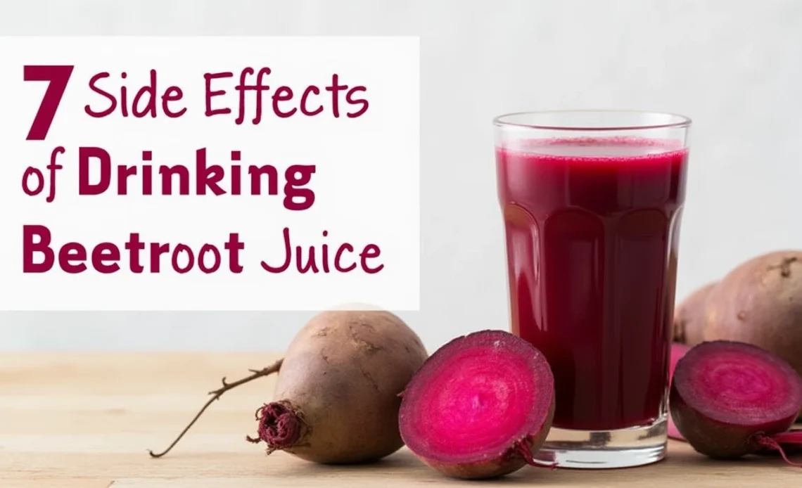 A glass of freshly made beetroot juice with sliced beets on a wooden table, garnished with mint leaves.