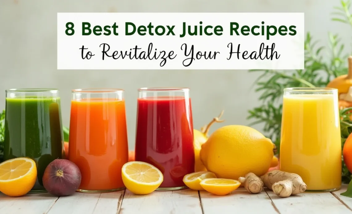 A variety of colorful detox juices in glass bottles, surrounded by fresh fruits and vegetables on a rustic wooden table.