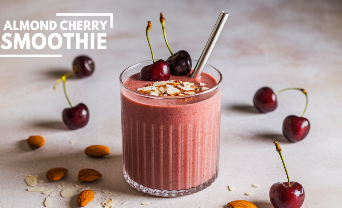A creamy almond cherry smoothie in a glass, topped with fresh cherries and almond slices, served with a straw.