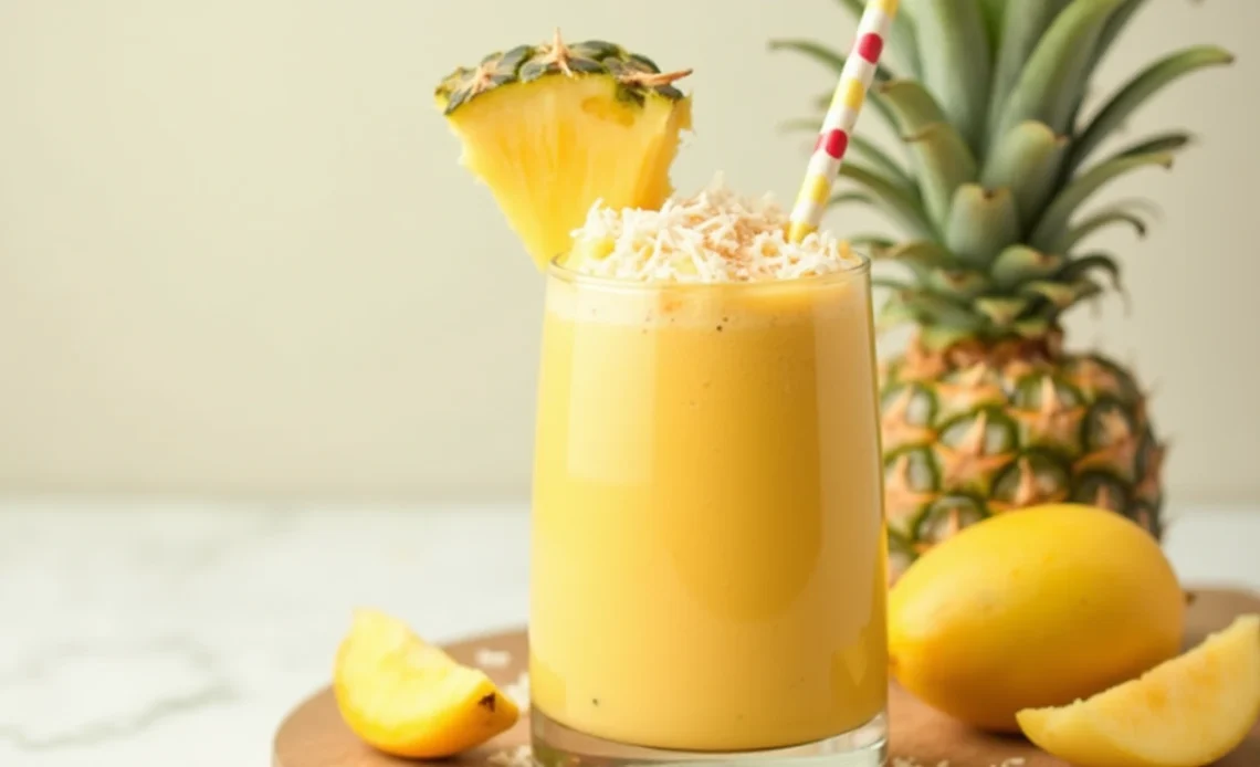 A refreshing Aloha tropical smoothie made with vibrant fruits like pineapple, mango, and coconut, served in a glass with a slice of pineapple and a straw.
