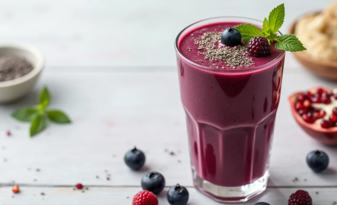 A colorful antioxidant smoothie in a glass, garnished with fresh berries and a sprinkle of chia seeds, surrounded by vibrant fruits and superfoods.