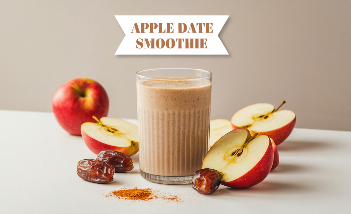 A creamy apple date smoothie served in a glass, topped with a sprinkle of cinnamon and a fresh apple slice.