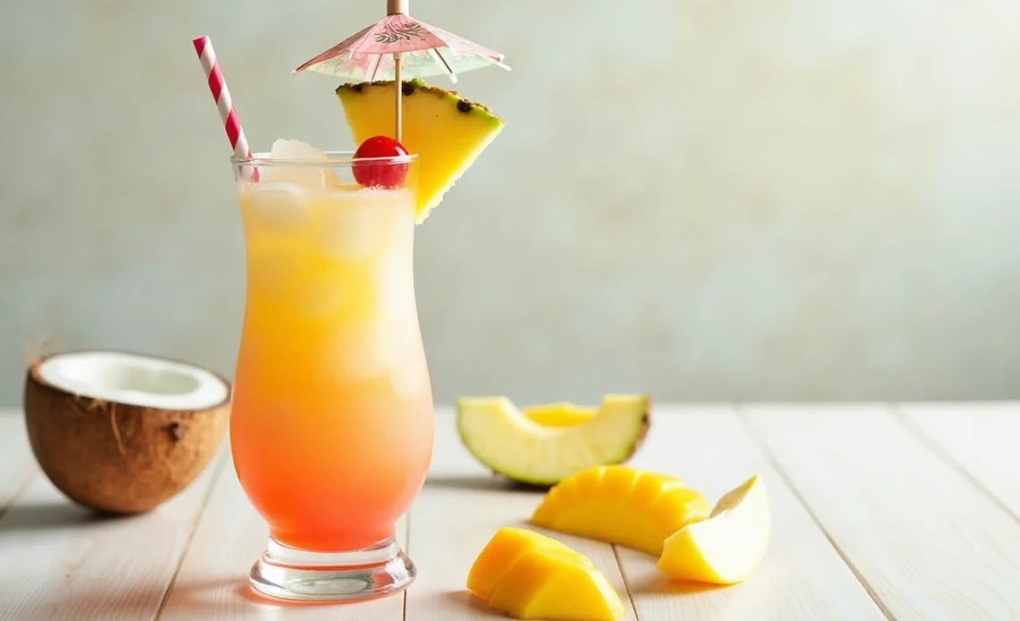 A refreshing Bahama Mama smoothie in a tall glass, garnished with a slice of pineapple and a cherry, with a tropical backdrop.