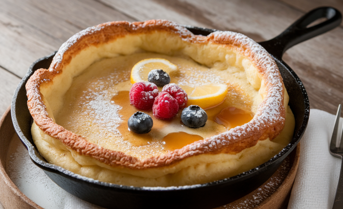 A golden, fluffy baked German pancake (Dutch Baby) fresh out of the oven, with crispy edges and a soft, custard-like center, dusted with powdered sugar and topped with fresh berries.