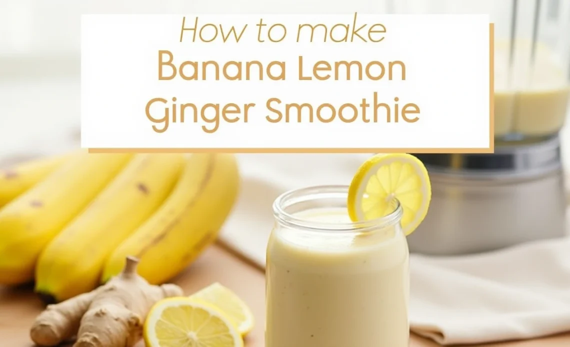 A refreshing banana lemon ginger smoothie in a glass, garnished with a slice of lemon and a few ginger pieces.