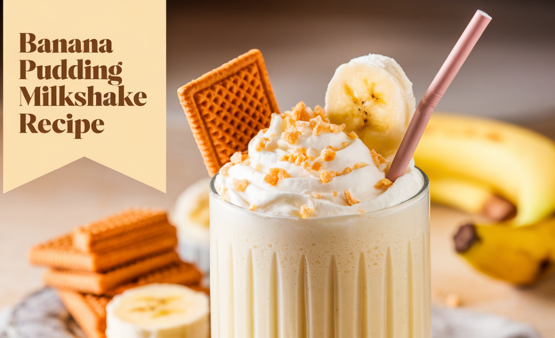 A creamy banana pudding milkshake topped with whipped cream, vanilla wafer cookies, and banana slices, served in a chilled glass with a straw.