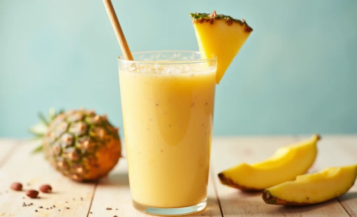 A refreshing Beach Bum Tropical Smoothie in a tall glass, garnished with a slice of pineapple and a straw, set against a sunny beach backdrop.