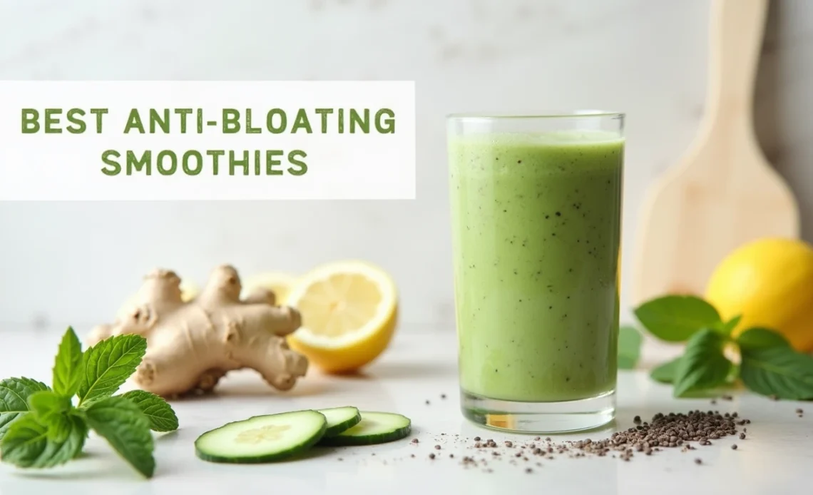A refreshing green anti-bloating smoothie in a glass, topped with a slice of cucumber and a sprig of mint.