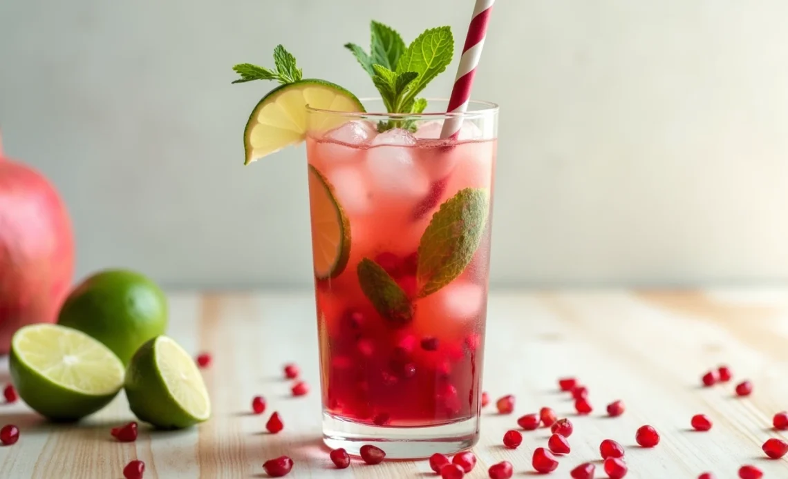 A refreshing pomegranate mojito served in a tall glass, garnished with fresh mint leaves, lime wedges, and pomegranate seeds, with ice cubes floating in the vibrant red drink.