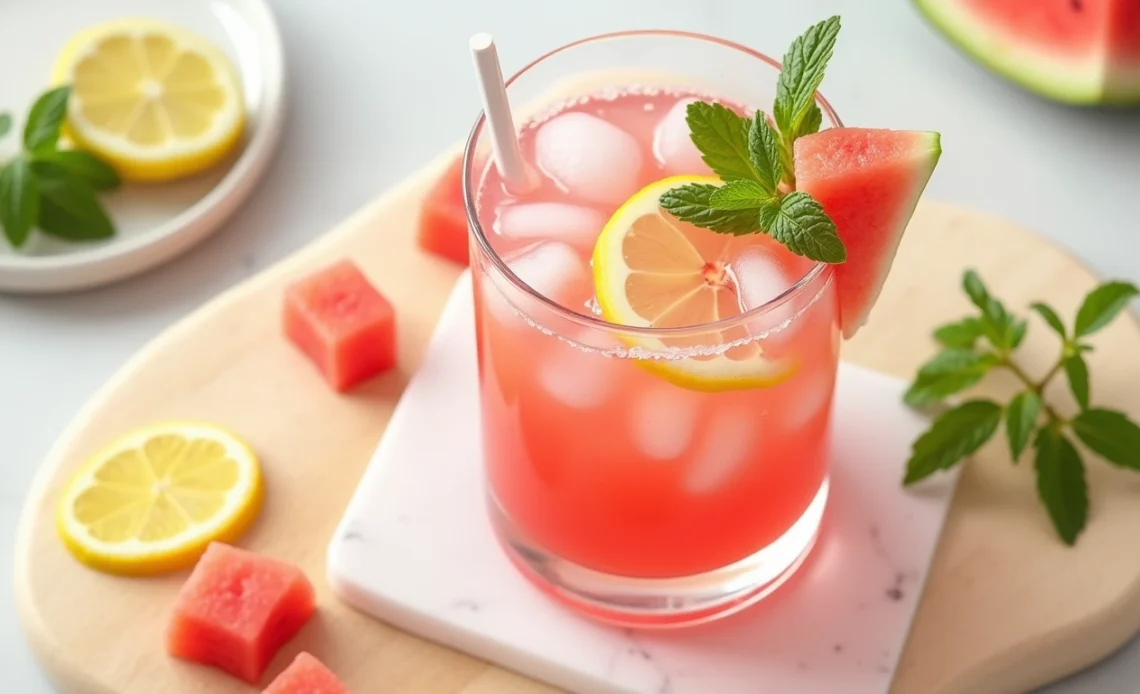 A refreshing glass of watermelon lemonade with a slice of watermelon and a lemon wedge, garnished with mint leaves, on a sunny day.