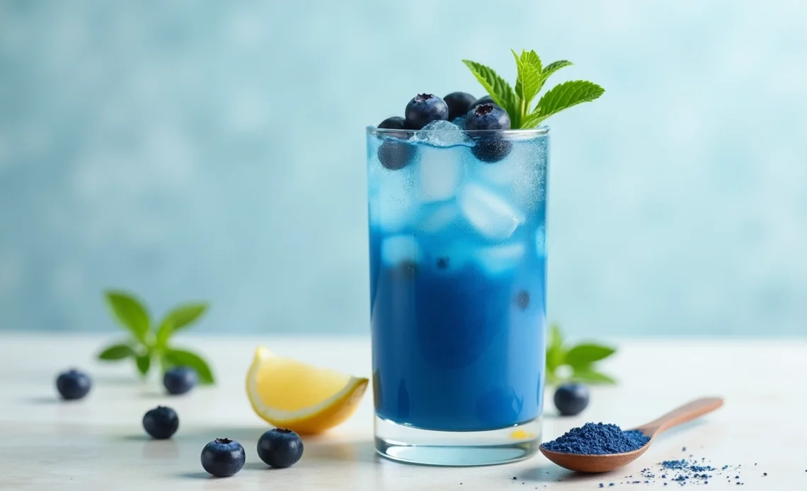 A vibrant glass of blue superfood juice garnished with fresh berries and mint, served on a rustic wooden table.