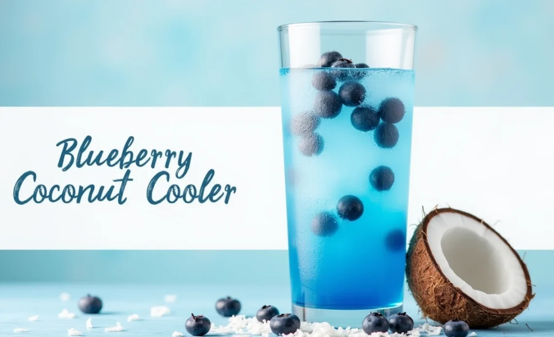 A refreshing glass of blueberry coconut cooler garnished with fresh mint leaves, served on a wooden table.