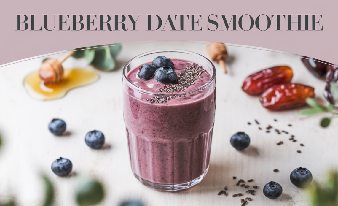 A tall glass of blueberry date smoothie with a creamy texture, garnished with fresh blueberries and a sprinkle of chia seeds, served on a wooden table.