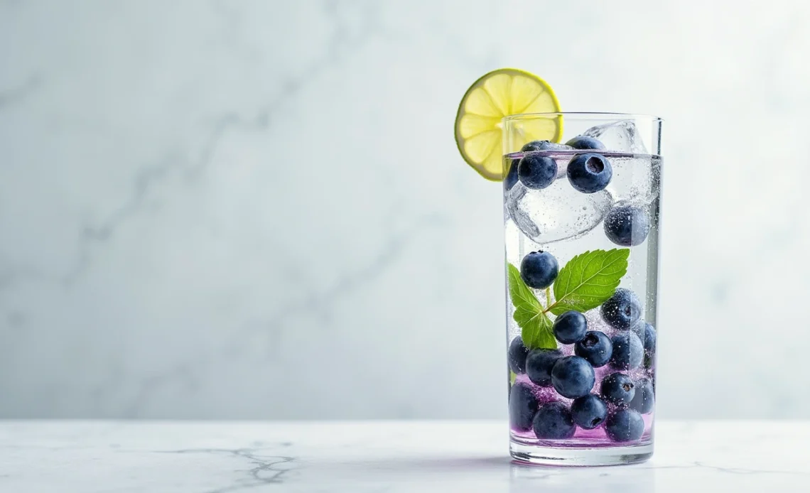A refreshing glass of blueberry mint infused water with ice cubes and fresh mint leaves, garnished with a few blueberries.