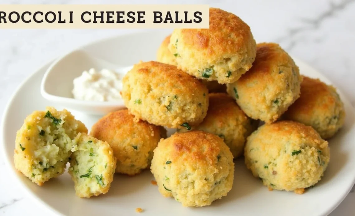 Crispy golden-brown broccoli cheese balls served on a plate with a side of dipping sauce.