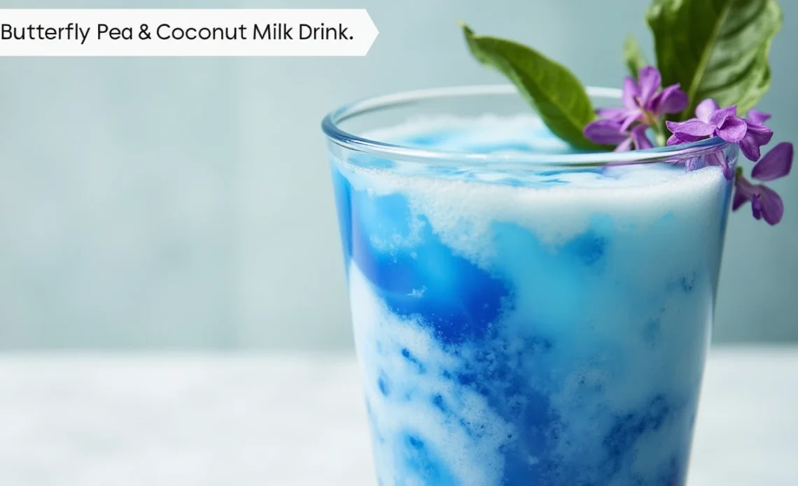 A vibrant blue and purple Butterfly Pea & Coconut Milk Drink served over ice in a glass, garnished with a slice of lemon and edible flowers.