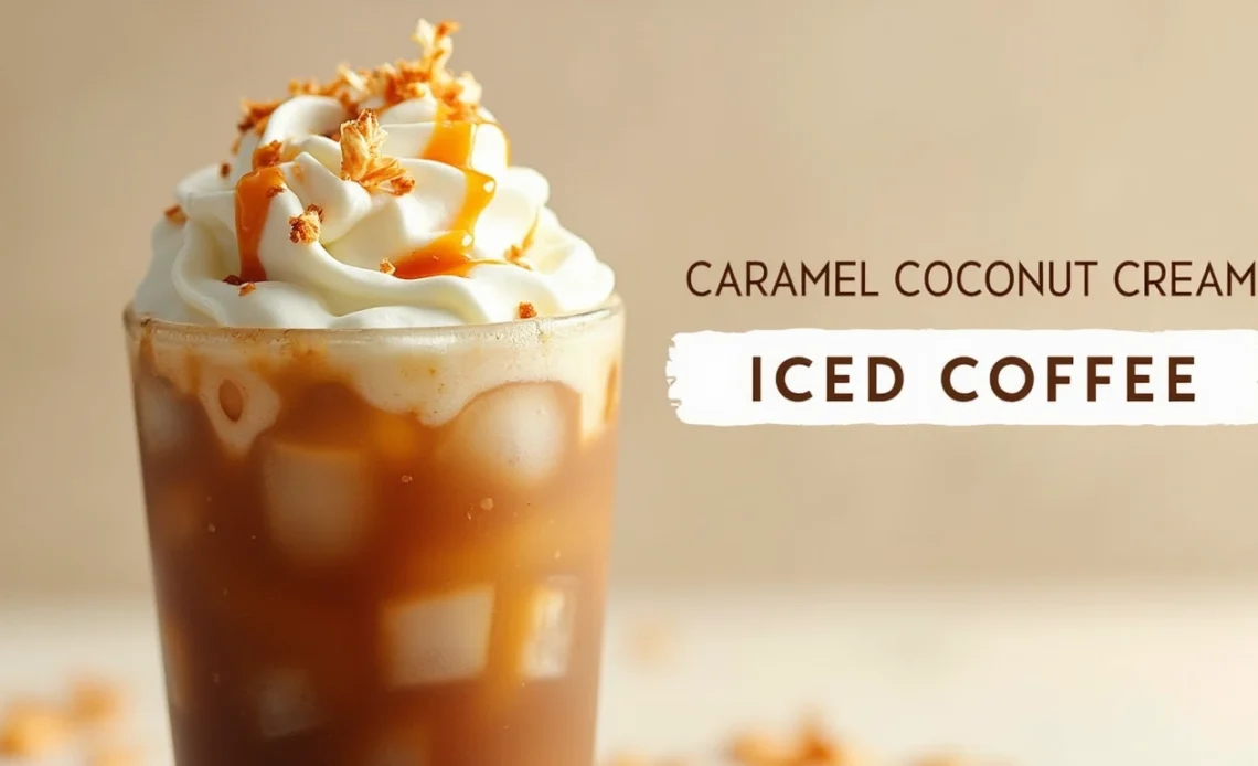 A tall glass of Caramel Coconut Cream Iced Coffee, with ice cubes, a swirl of caramel, and topped with coconut cream, served with a straw.