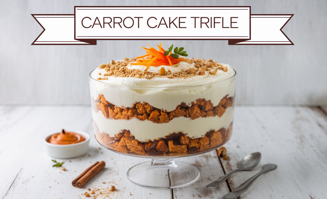 A delicious carrot cake trifle layered with cream cheese frosting, whipped cream, and chopped pecans in a glass trifle dish.