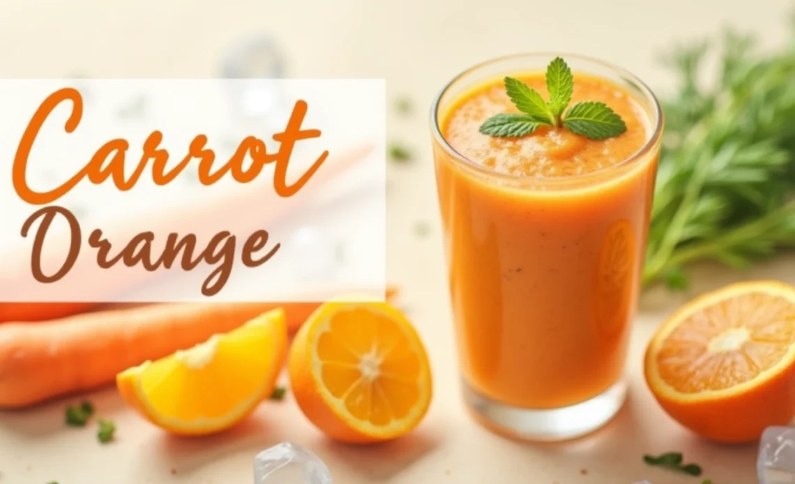 A refreshing glass of bright orange carrot orange smoothie, garnished with a slice of orange and a sprinkle of chia seeds.