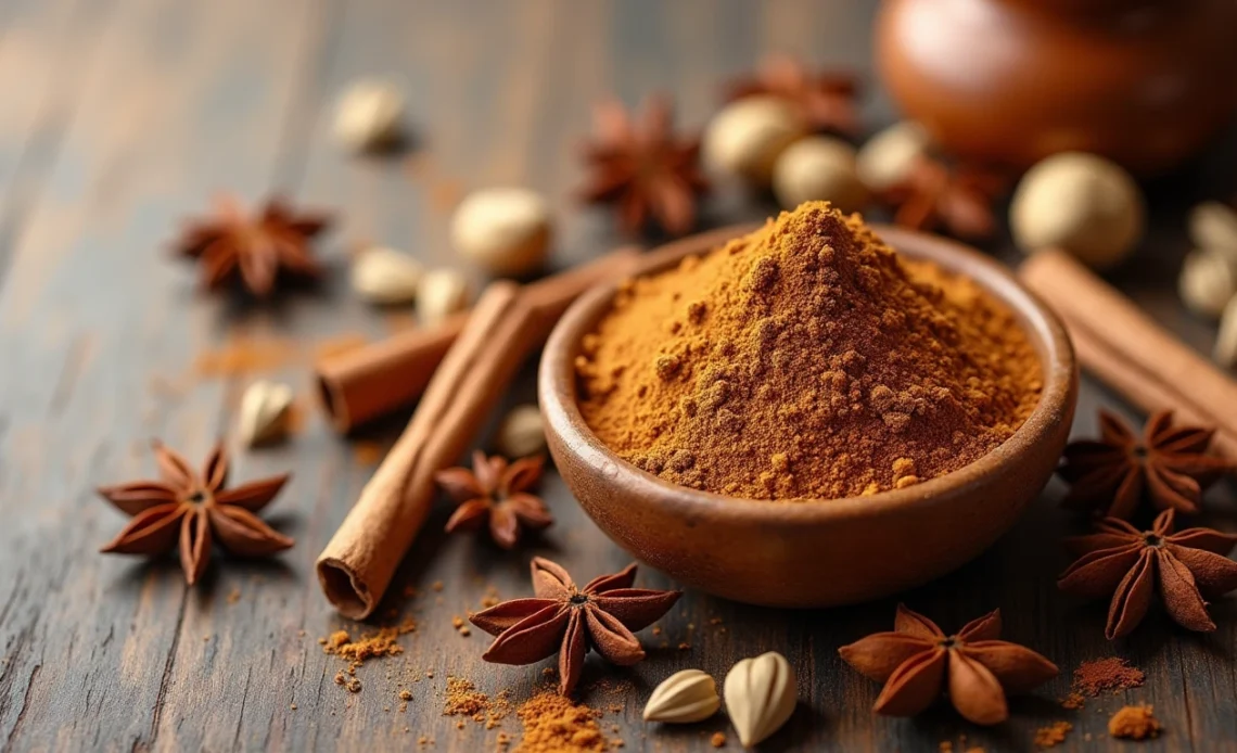A small jar of homemade chai spice mix, surrounded by cinnamon sticks, whole cloves, cardamom pods, and star anise on a wooden surface.