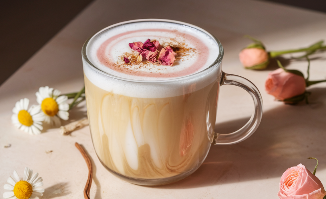 A warm Chamomile Rose Tea Latte in a ceramic mug, topped with dried rose petals and frothy milk.