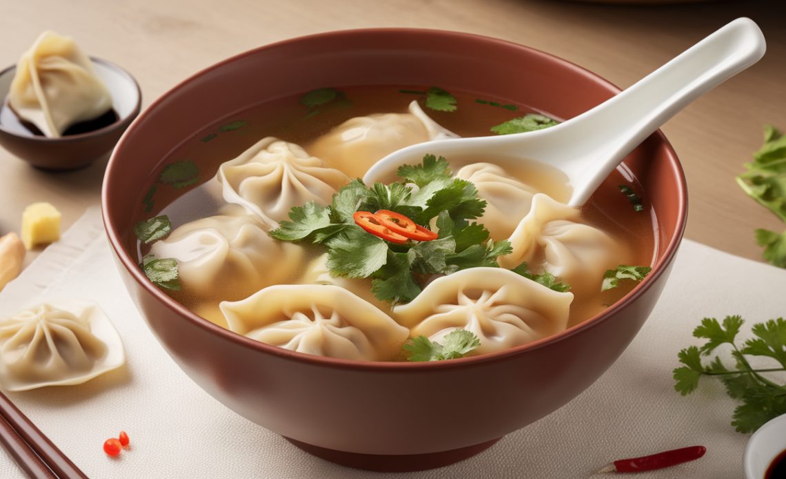 A comforting bowl of homemade chicken wonton soup with delicate dumplings, fresh vegetables, and a flavorful broth, garnished with green onions.