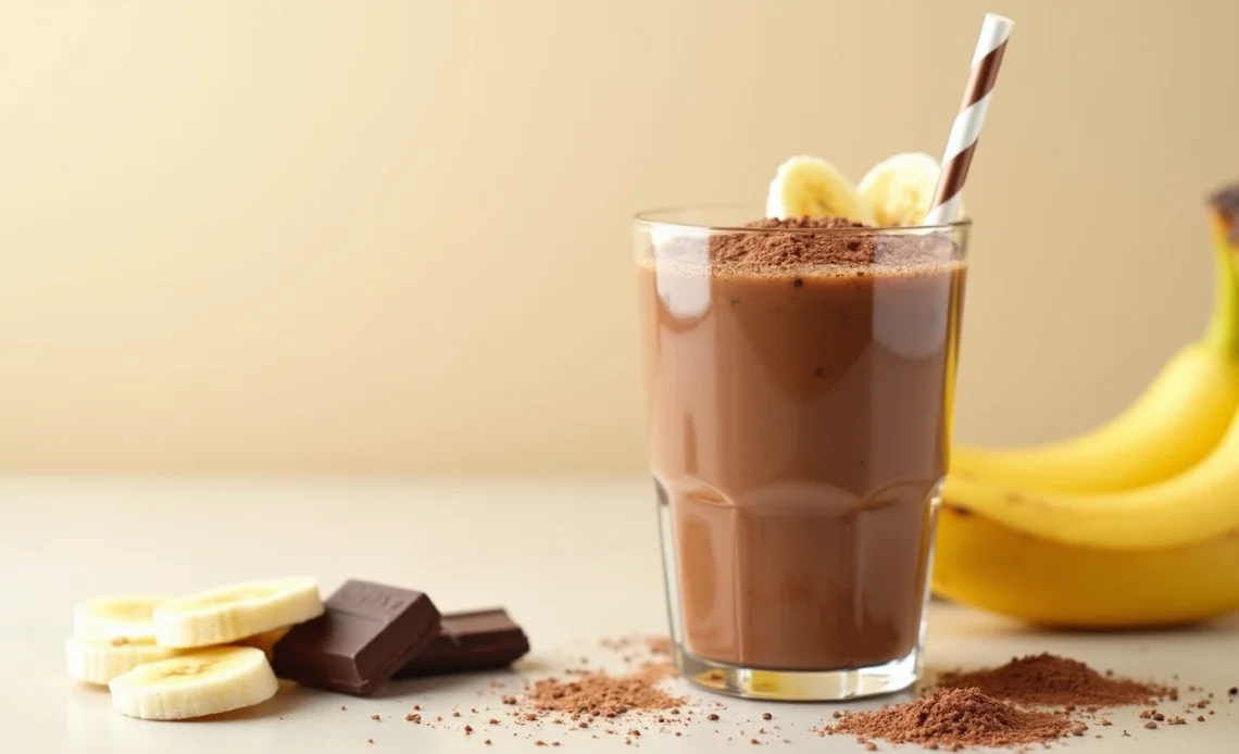A creamy chocolate banana smoothie in a glass, garnished with sliced banana and a sprinkle of cocoa powder.