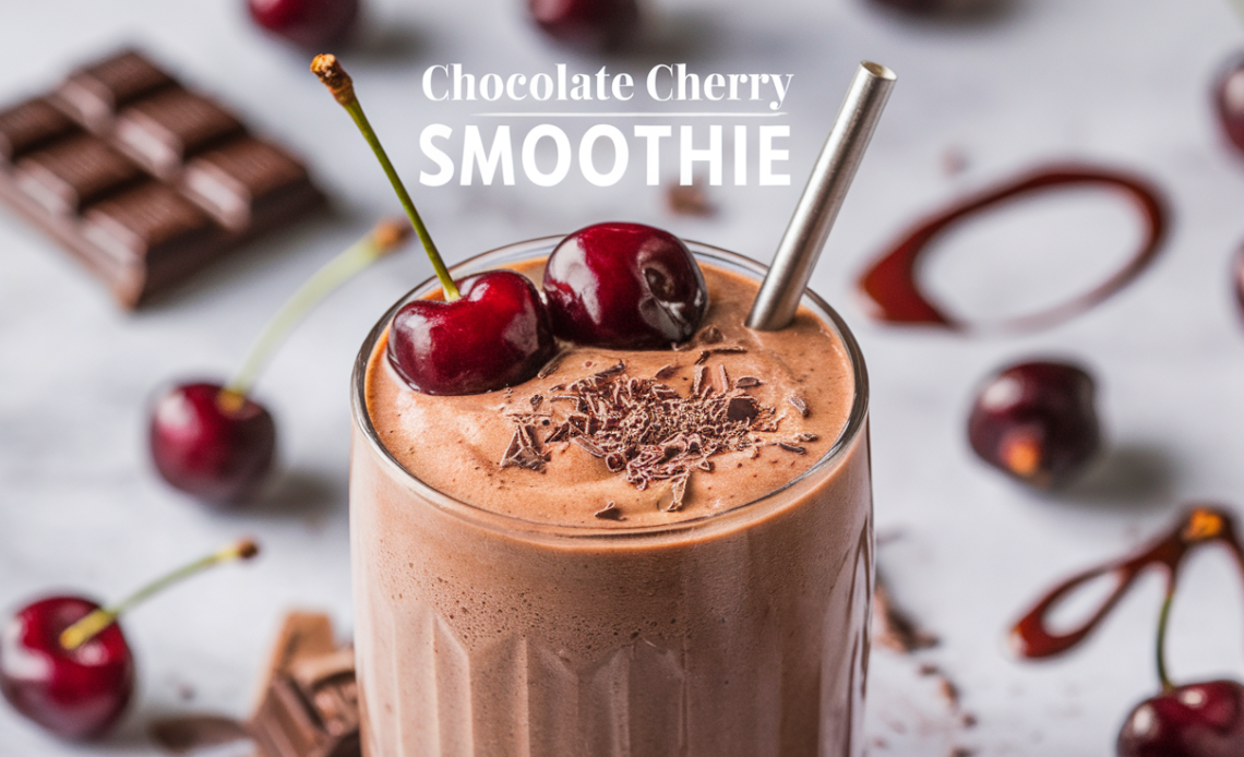 A rich and creamy chocolate cherry smoothie in a glass, topped with fresh cherries and a sprinkle of cocoa powder.