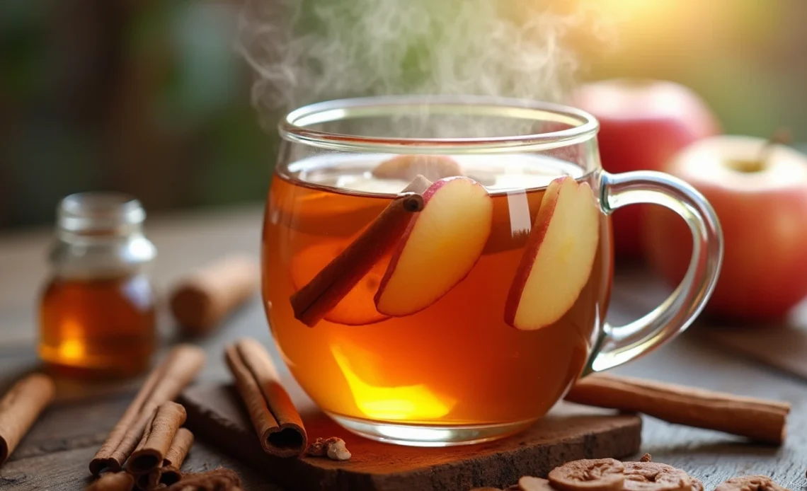 A steaming cup of cinnamon apple tea with a cinnamon stick and apple slices, placed on a cozy wooden table.