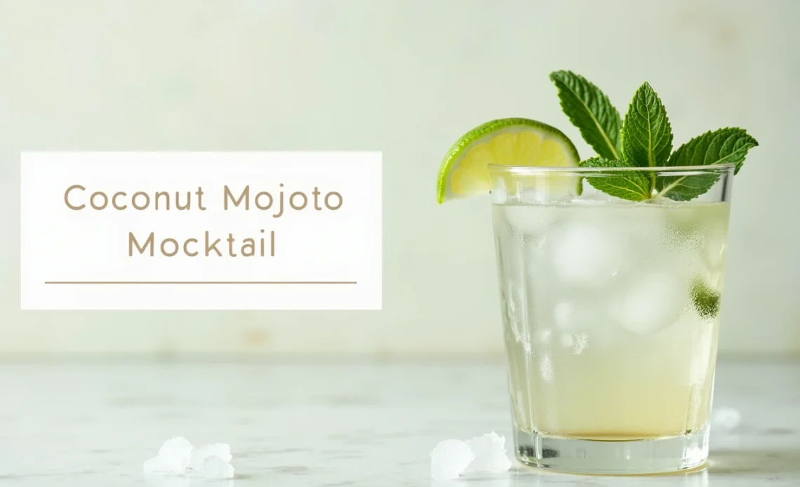 A refreshing coconut mojito mocktail in a tall glass with mint leaves, lime slices, and a straw, served over ice.