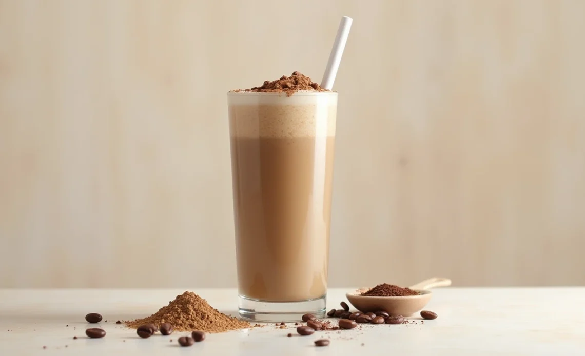 A creamy coffee protein shake in a tall glass, topped with a sprinkle of cocoa powder and a straw, served on a wooden table.