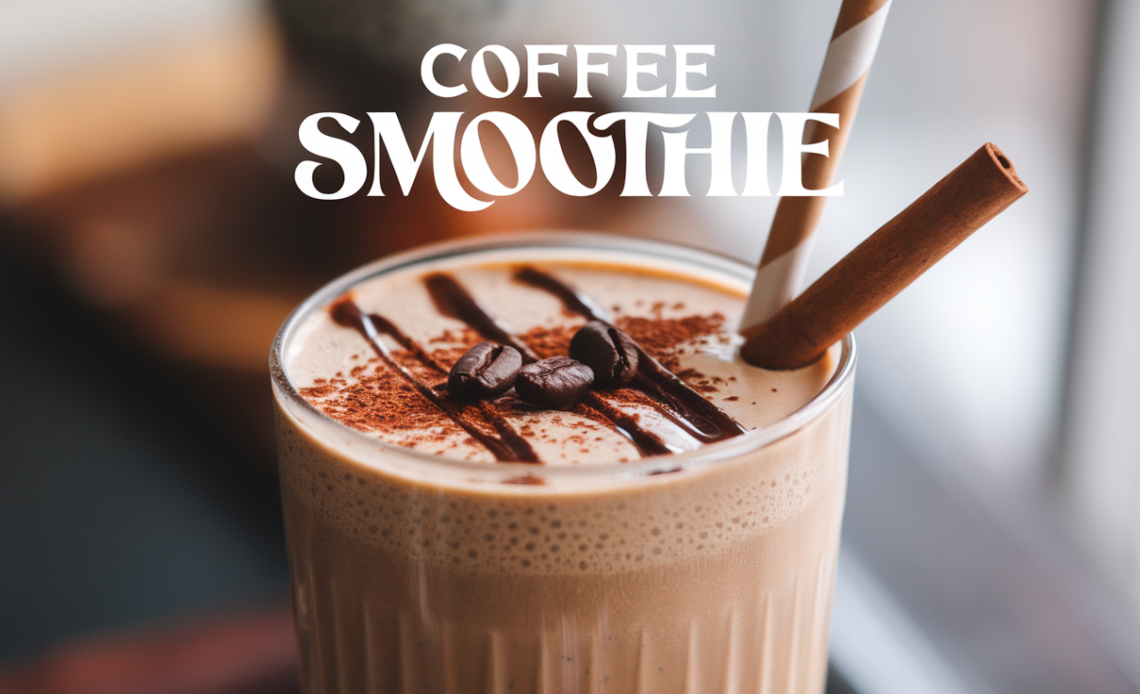 A creamy coffee smoothie in a glass, topped with a sprinkle of cocoa powder and coffee beans, served with a straw.