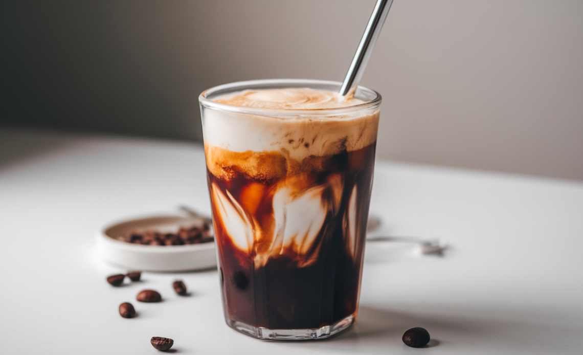 A glass of cold brew coffee topped with a thick layer of homemade cold foam, garnished with a sprinkle of cocoa powder.