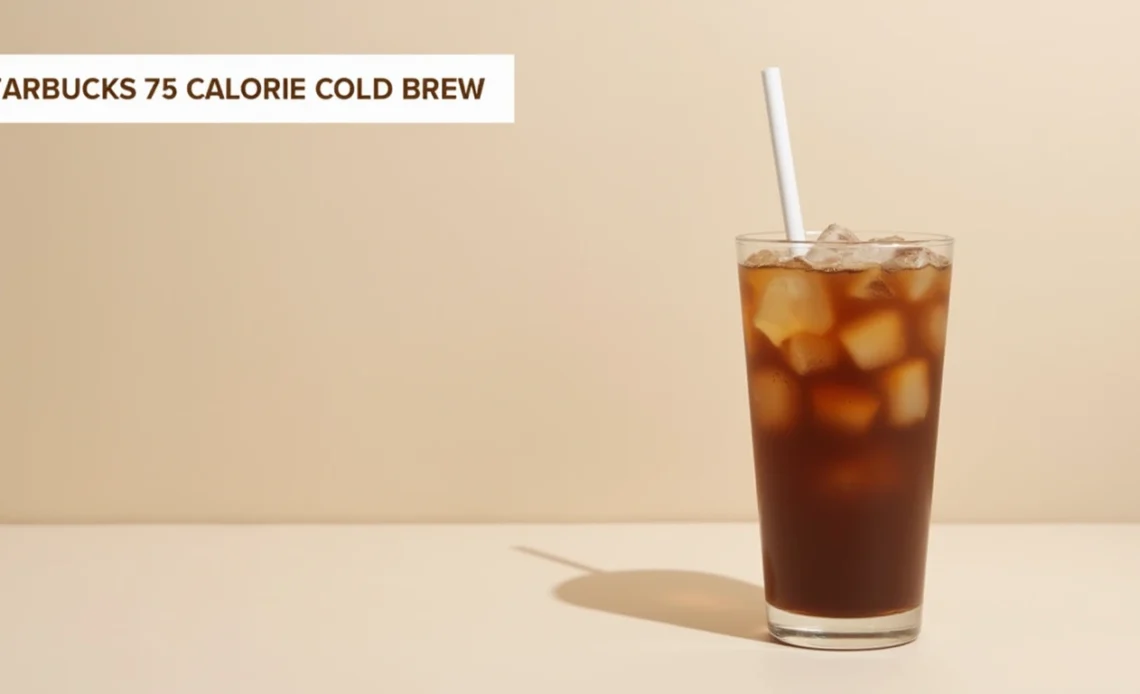 A refreshing glass of Starbucks-style cold brew coffee, served with ice and a light drizzle of cream, garnished with a few coffee beans.