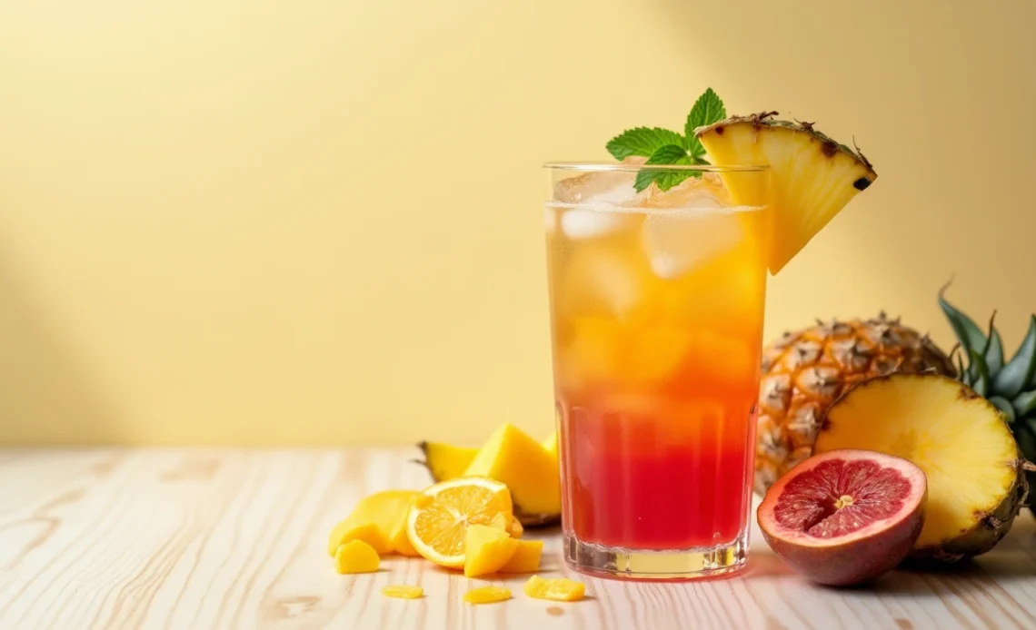 A refreshing glass of cold-pressed tropical fruit punch juice, garnished with a slice of pineapple and fresh mint, served on a wooden table with tropical fruits in the background.