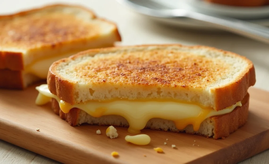 A golden-brown, crispy grilled cheese sandwich with gooey, melted cheese oozing between two buttery sourdough slices, served on a wooden board.