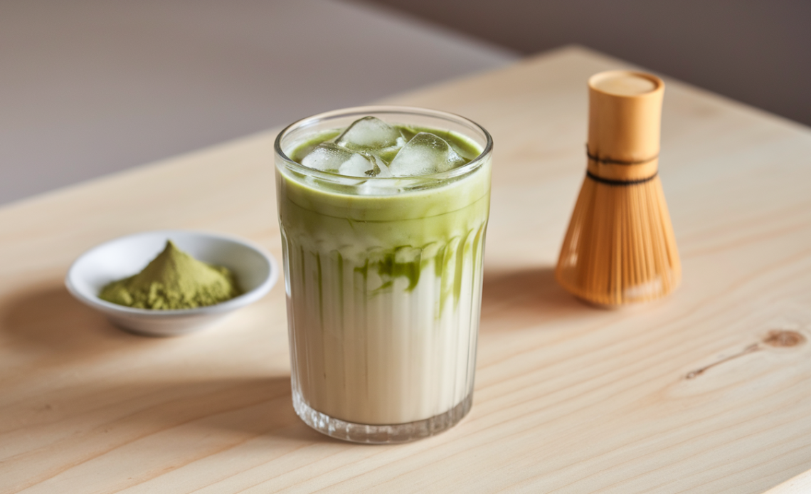 A refreshing iced matcha latte in a clear glass, topped with ice cubes and a creamy green swirl, sitting on a wooden table.