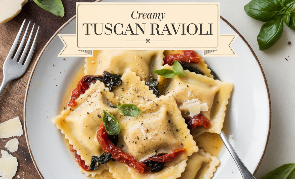 A plate of creamy Tuscan ravioli garnished with fresh spinach, sun-dried tomatoes, and Parmesan cheese in a rich garlic cream sauce.