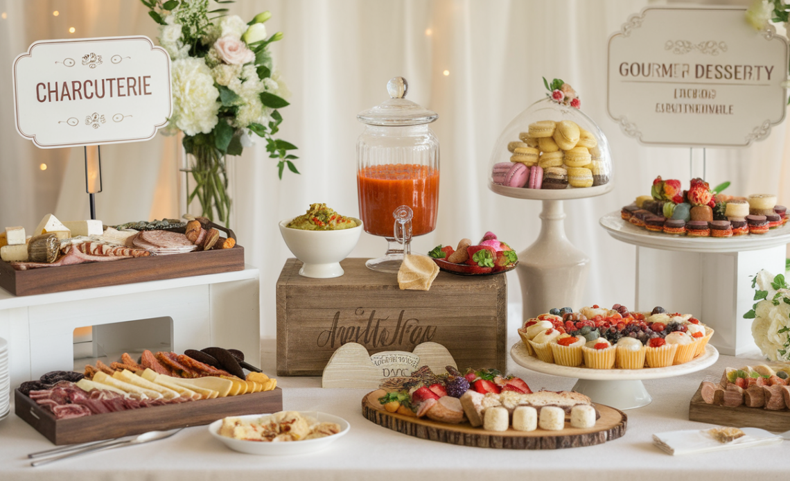 A beautifully arranged wedding food bar with a variety of gourmet dishes, including a charcuterie spread, fresh salads, and elegant desserts, set against a romantic wedding reception backdrop.