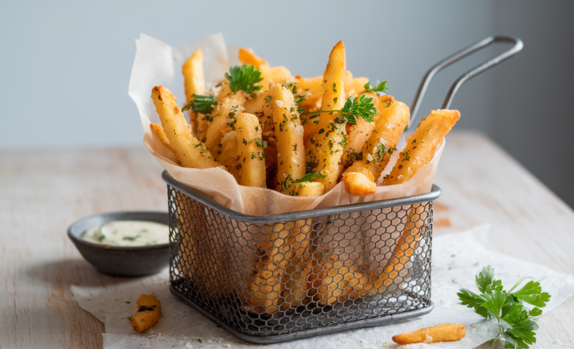 A plate of crispy golden-brown air fryer fries coated in garlic and parmesan, garnished with fresh parsley and served with a side of dipping sauce.