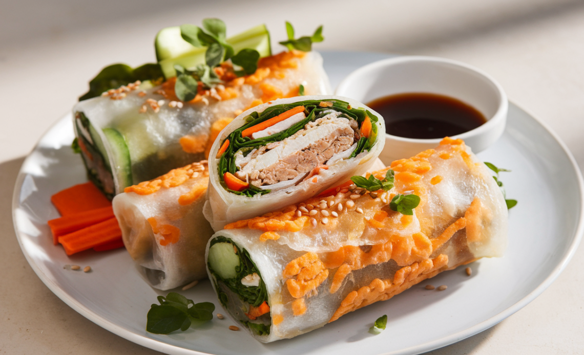 A plate of crispy rice paper rolls filled with high-protein ingredients, served with a side of dipping sauce.