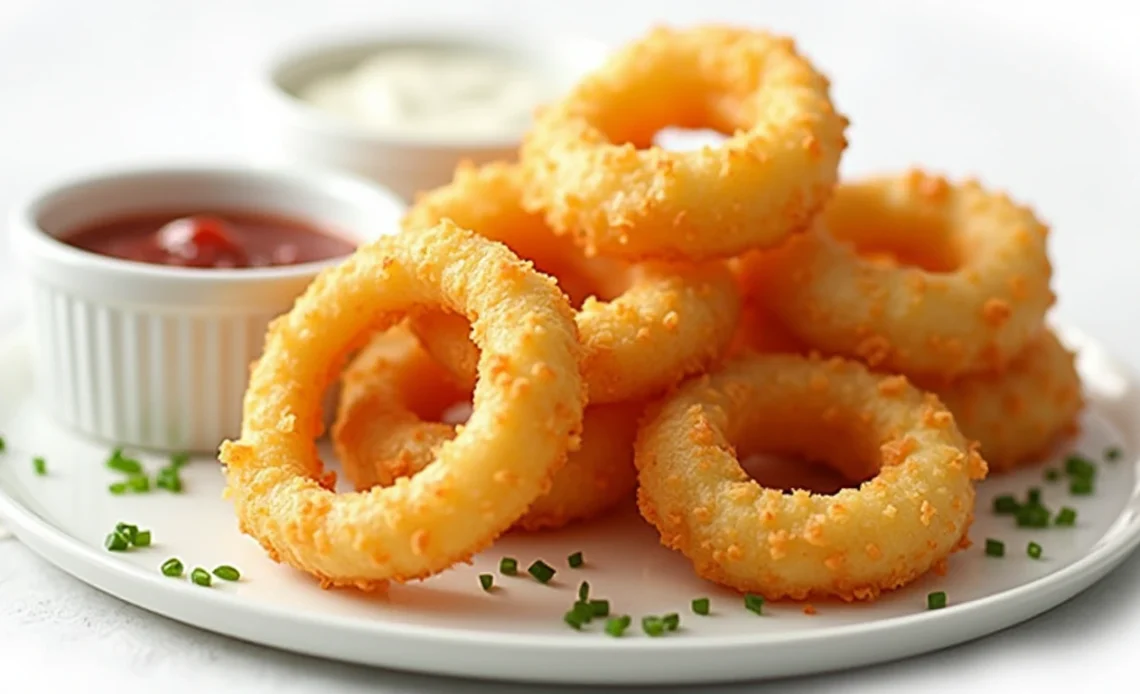 A plate of golden, crispy potato rings stacked on top of each other, garnished with fresh herbs and served with a side of dipping sauce.