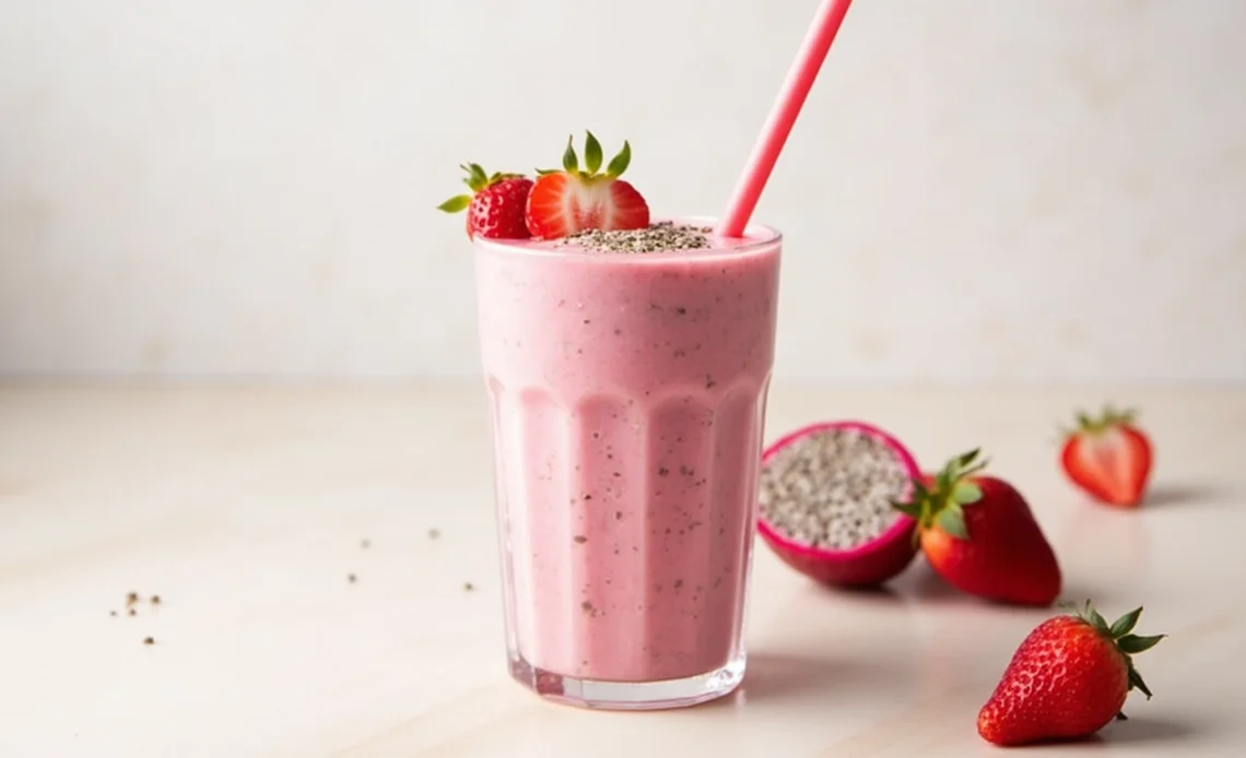 A refreshing dairy-free strawberry dragonfruit protein smoothie in a glass, garnished with fresh strawberries and dragonfruit slices.