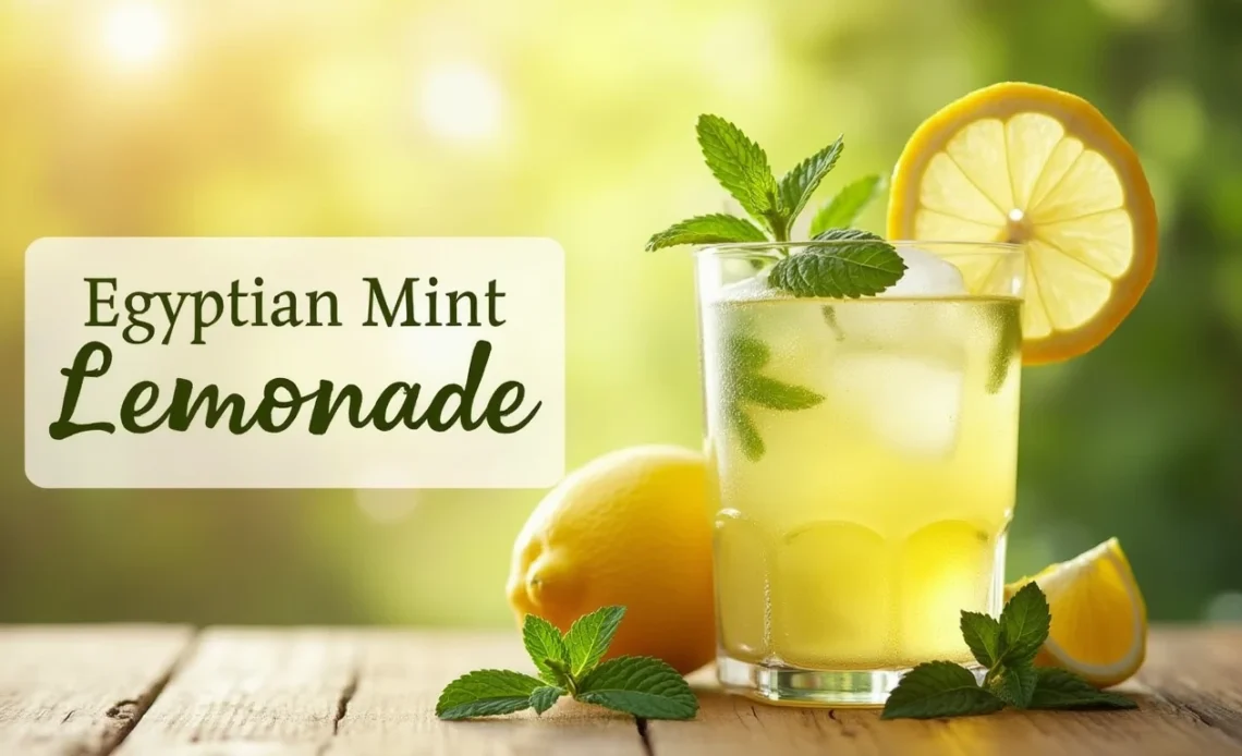 A refreshing glass of Egyptian Mint Lemonade (Limonana) garnished with fresh mint leaves and lemon slices, served with ice cubes.