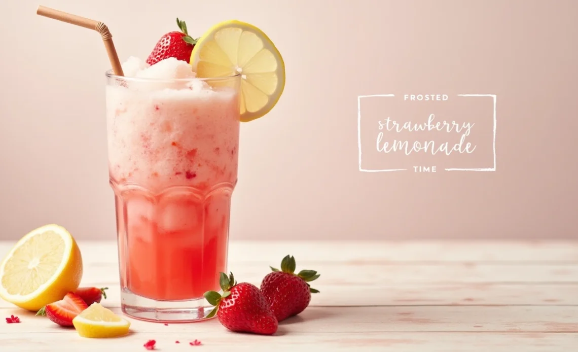 A refreshing glass of frosted strawberry lemonade, garnished with fresh strawberry slices and a lemon wedge.