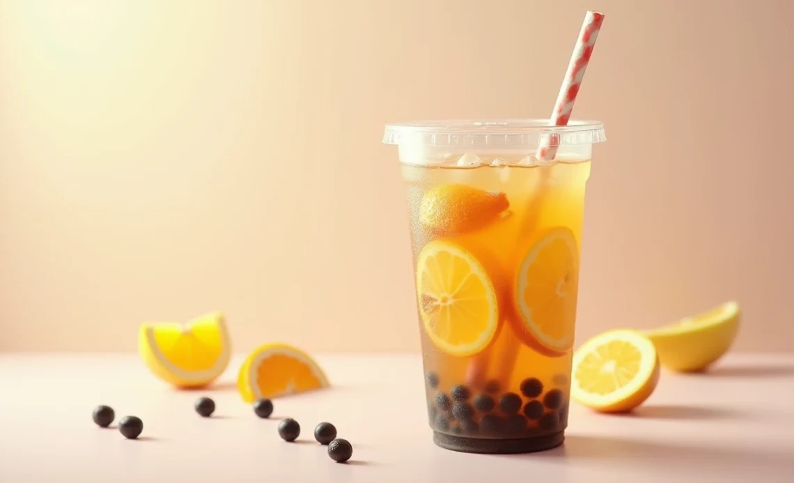 A refreshing glass of fruit tea boba with colorful tapioca pearls, fresh fruit slices, and ice, served with a wide straw.