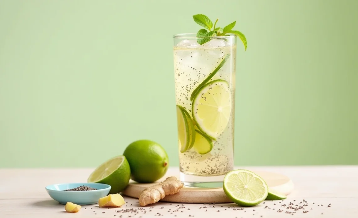 A refreshing glass of ginger chia seed limeade with floating chia seeds, garnished with a lime slice and fresh mint leaves.