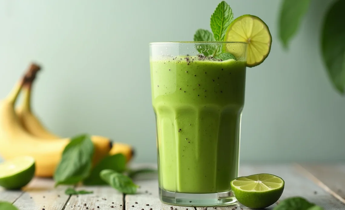 A vibrant green spirulina smoothie in a glass, garnished with fresh mint leaves and chia seeds, placed on a wooden surface with a tropical backdrop.